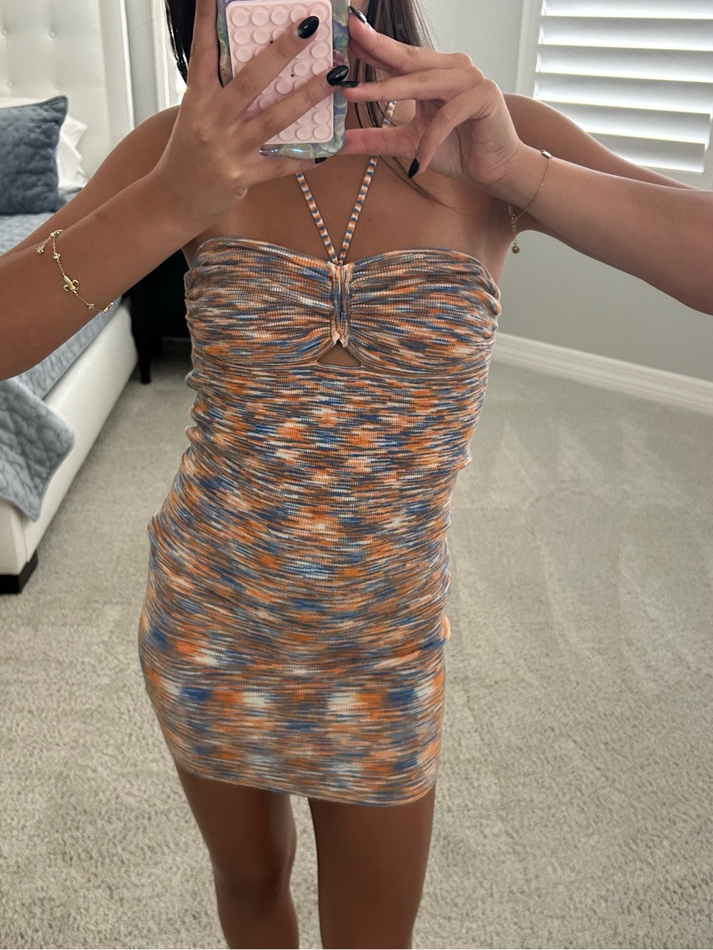 Orange and blue Ruched Strapless Knit Mini Dress